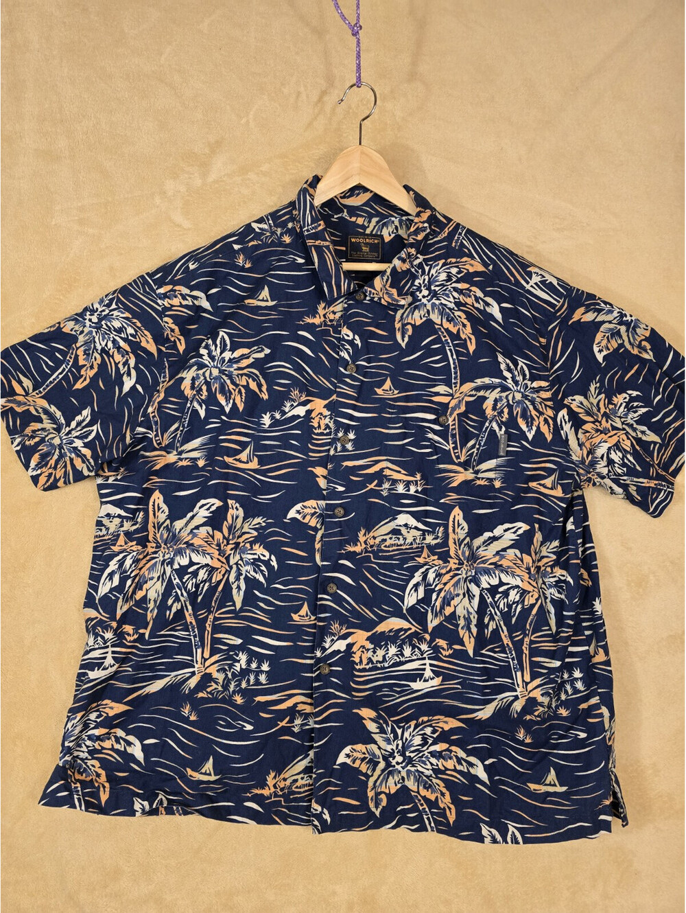 Woolrich Shirt Mens 2XL Blue Palm Ocean Graphic Short Sleeve Button Up Casual